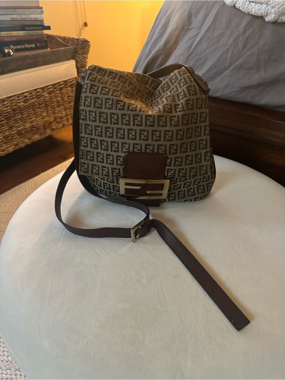 Fendi Brown Zucca Monogram Crossbody Bag with Gold Hardware